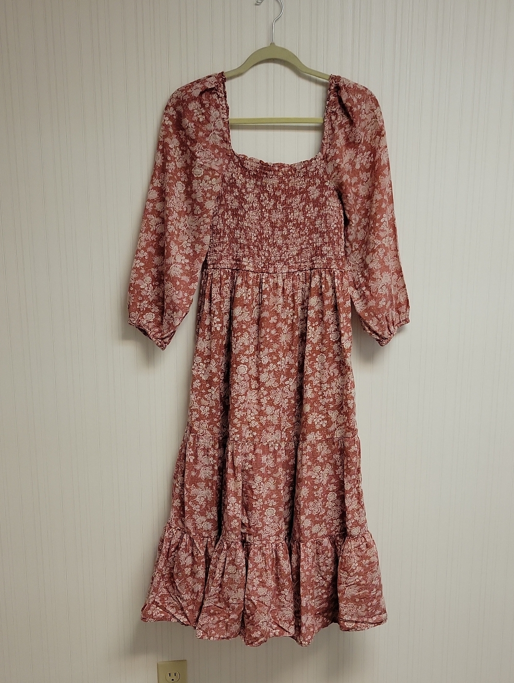 Lucky Brand Smocked Floral Midi Dress Rust Medium Western Prairie Fall Peasant